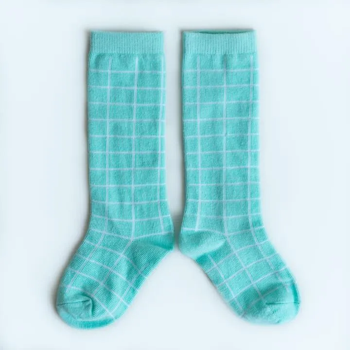 Aqua Mint Grid Knee Highs