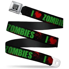 BD Wings Logo CLOSE-UP Full Color Black Silver Seatbelt Belt - I "Heart" ZOMBIES Bold Splatter Black/Green/Red Webbing