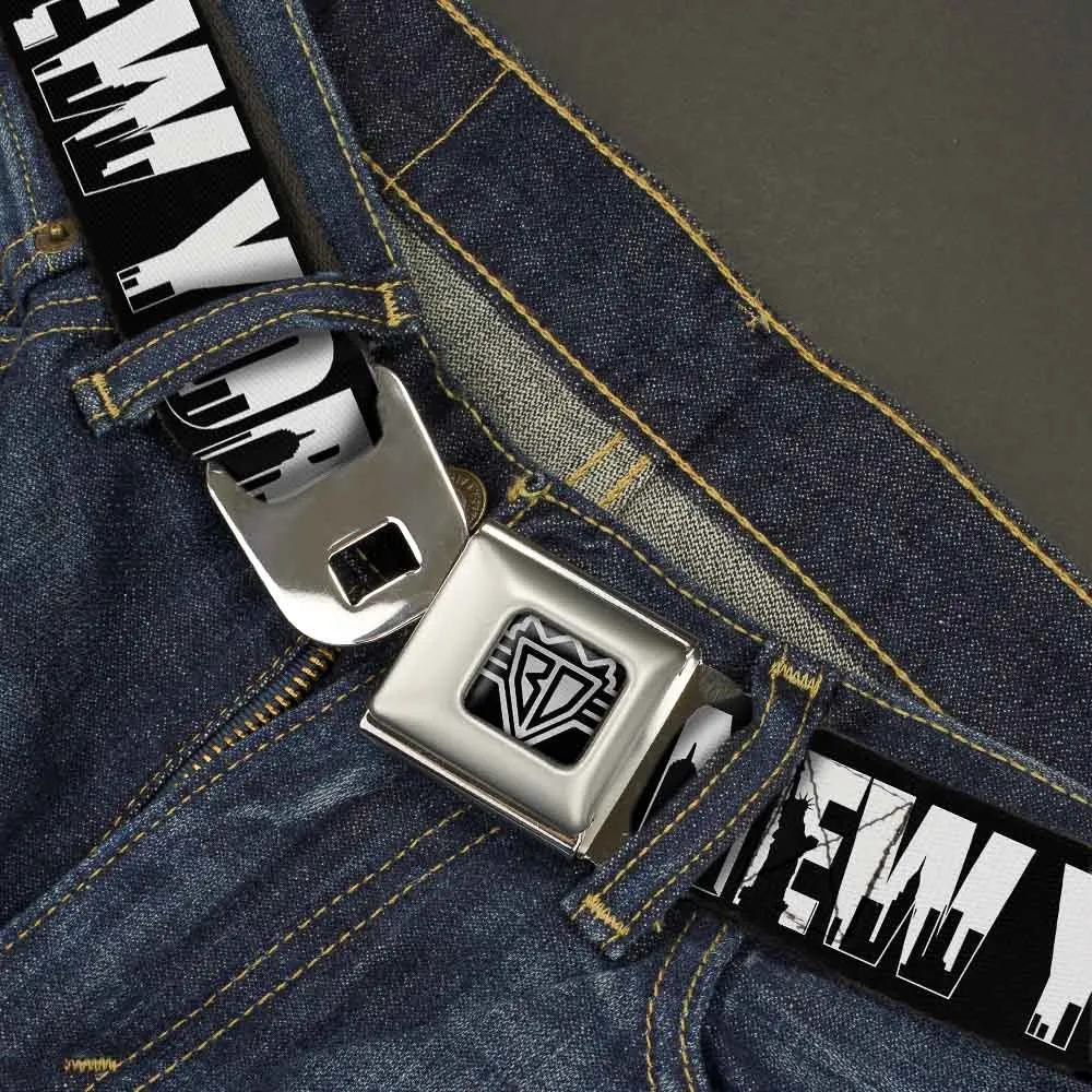 BD Wings Logo CLOSE-UP Full Color Black Silver Seatbelt Belt - NEW YORK Bold/Skyline Silhouette Black/White/Black Webbing