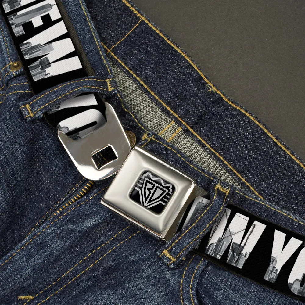 BD Wings Logo CLOSE-UP Full Color Black Silver Seatbelt Belt - NEW YORK Bold/Vivid Skyline Black/White/Tonal Grays Webbing