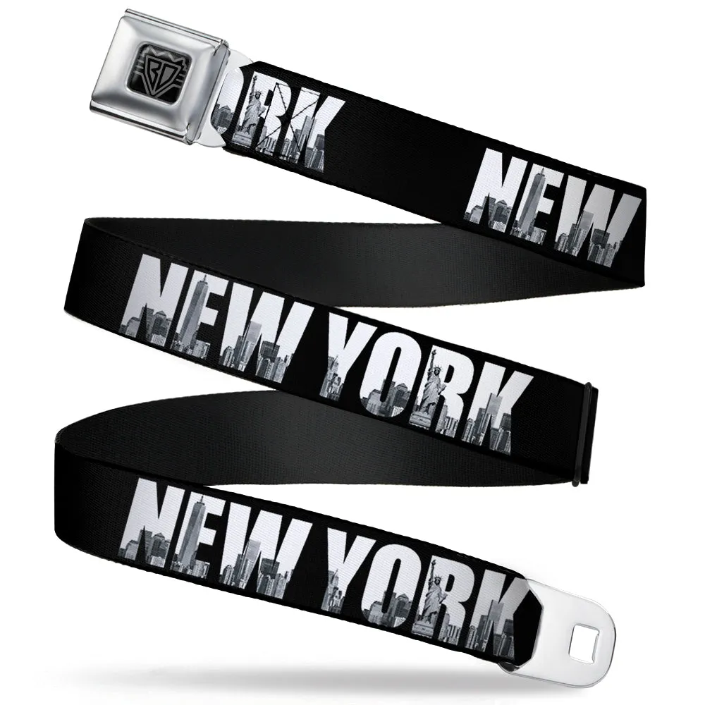 BD Wings Logo CLOSE-UP Full Color Black Silver Seatbelt Belt - NEW YORK Bold/Vivid Skyline Black/White/Tonal Grays Webbing