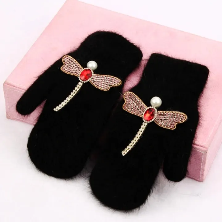 Bejeweled Crystal Rabbit Fur Mitten Gloves