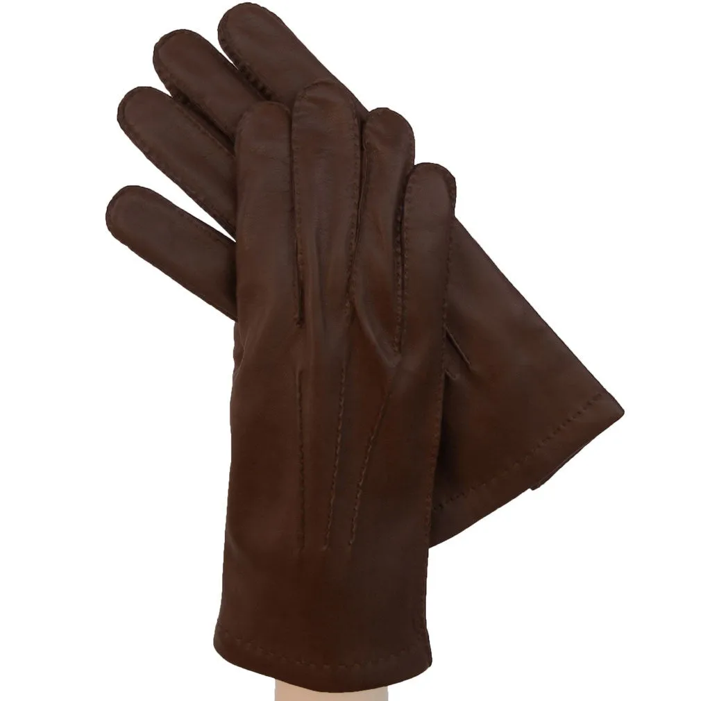 Brown Men's Leather Gloves  w/ Hand Sewn Outside Stitching, Cashmere Lining