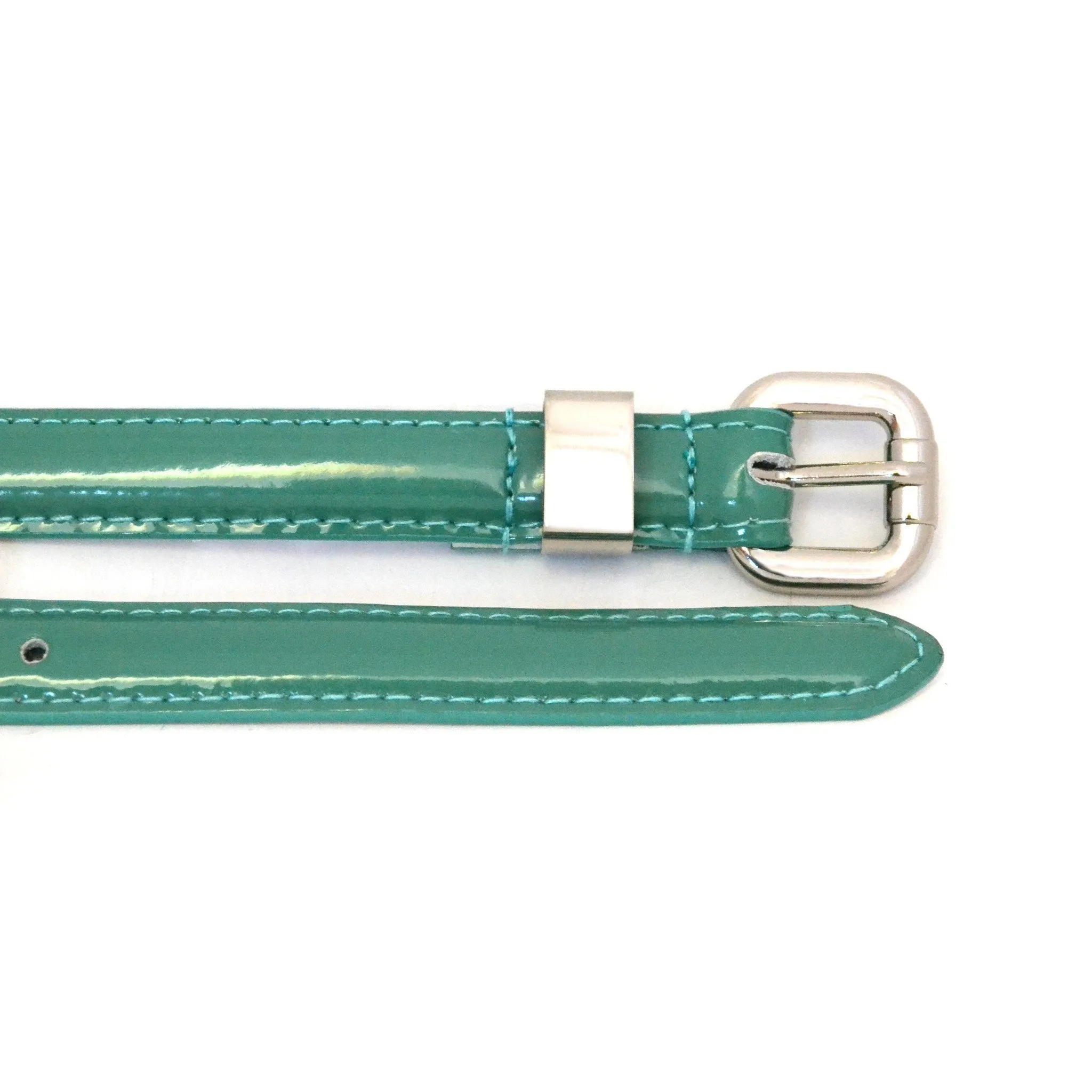 CARRIE -  Womens Forest Green Patent Skinny Leather Belt with Silver Buckle