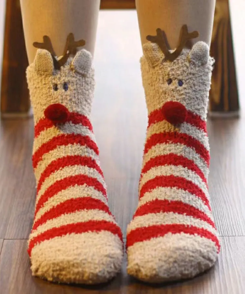 Coral Plush Mid Calf Socks Winter Cute Cartoon Christmas