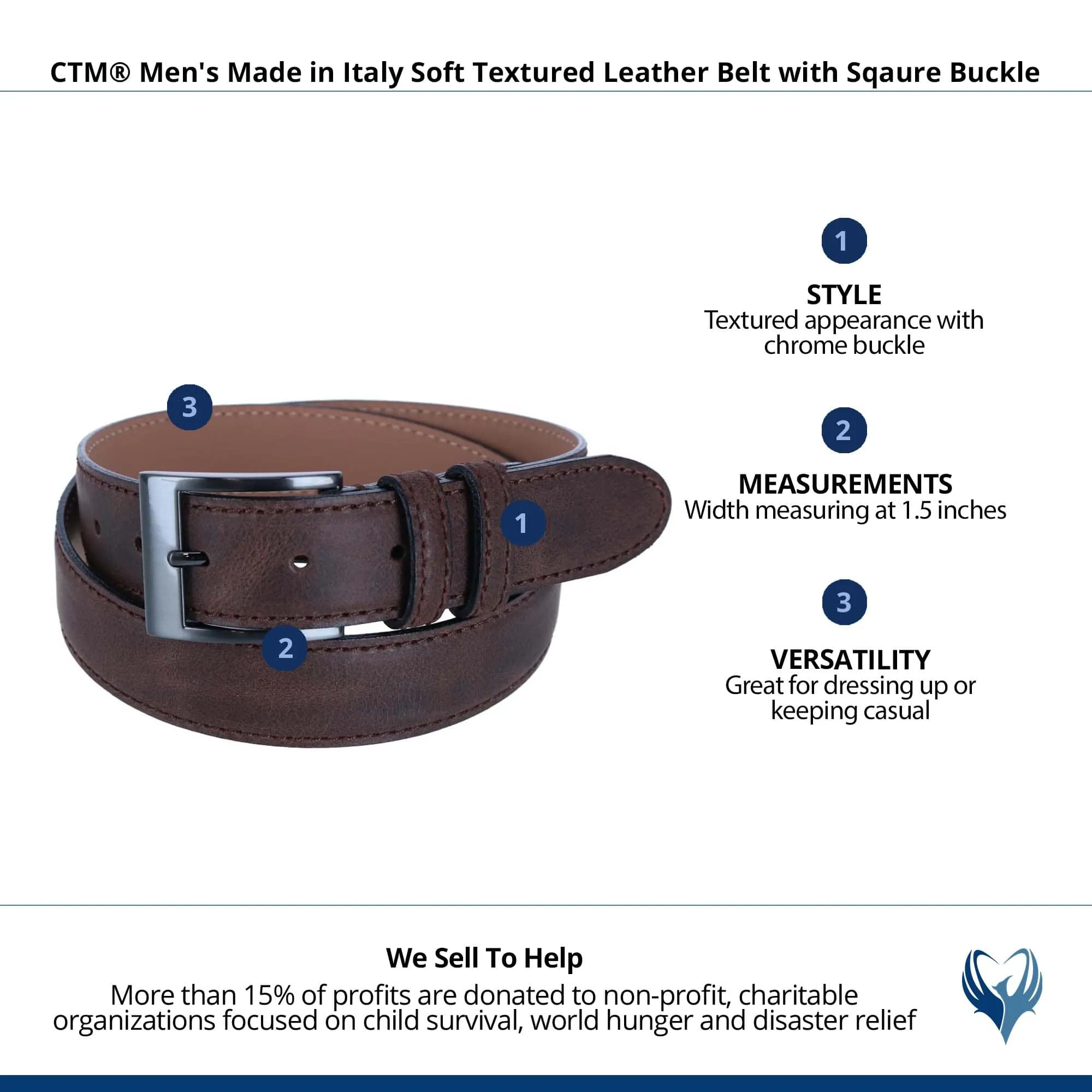 CTM® Men's Textured Italian Leather Belt with Sqaure Buckle