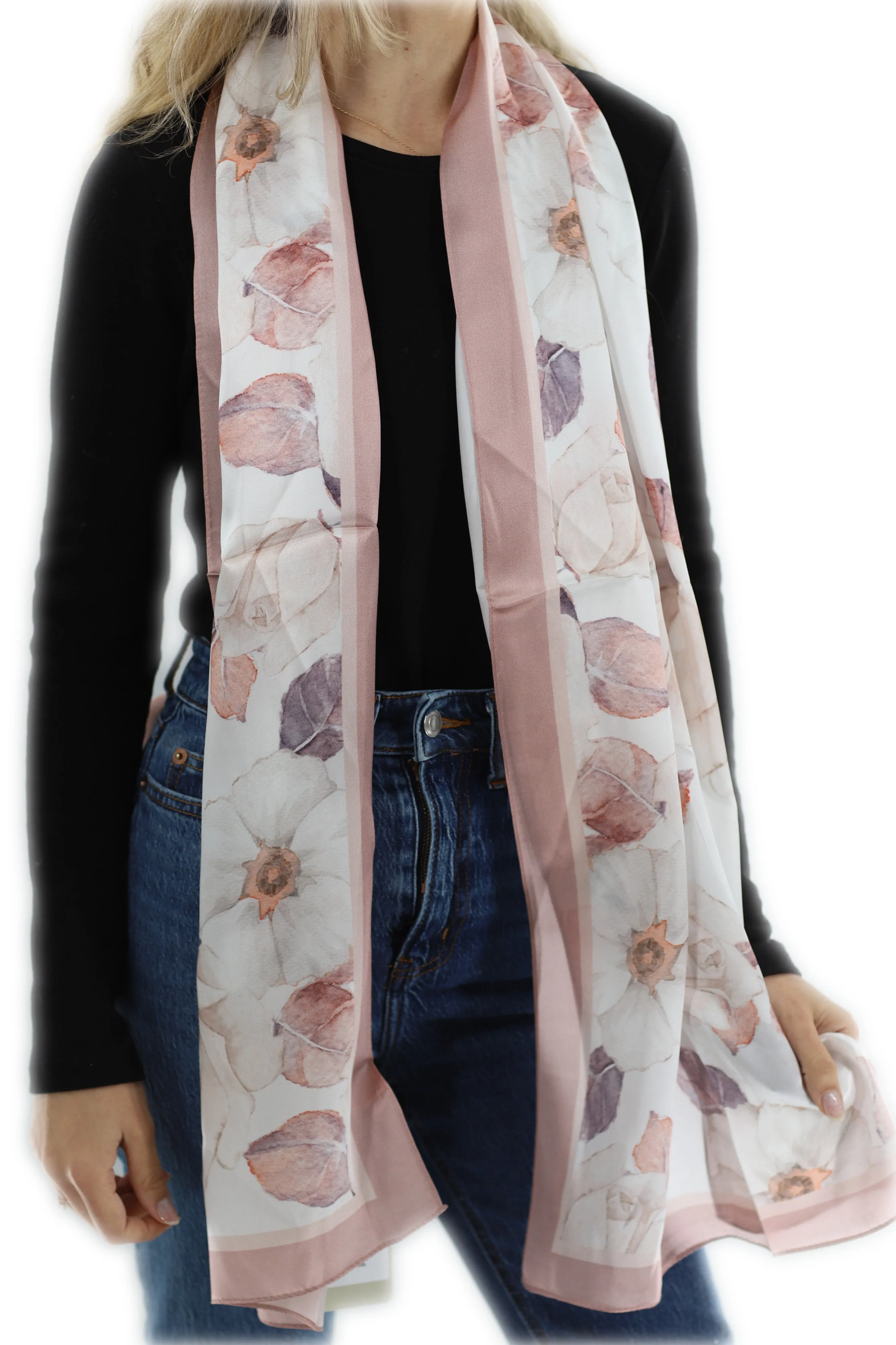 Elegant 100% Silk Floral Print Scarf - Pink - One Size (38x30in)