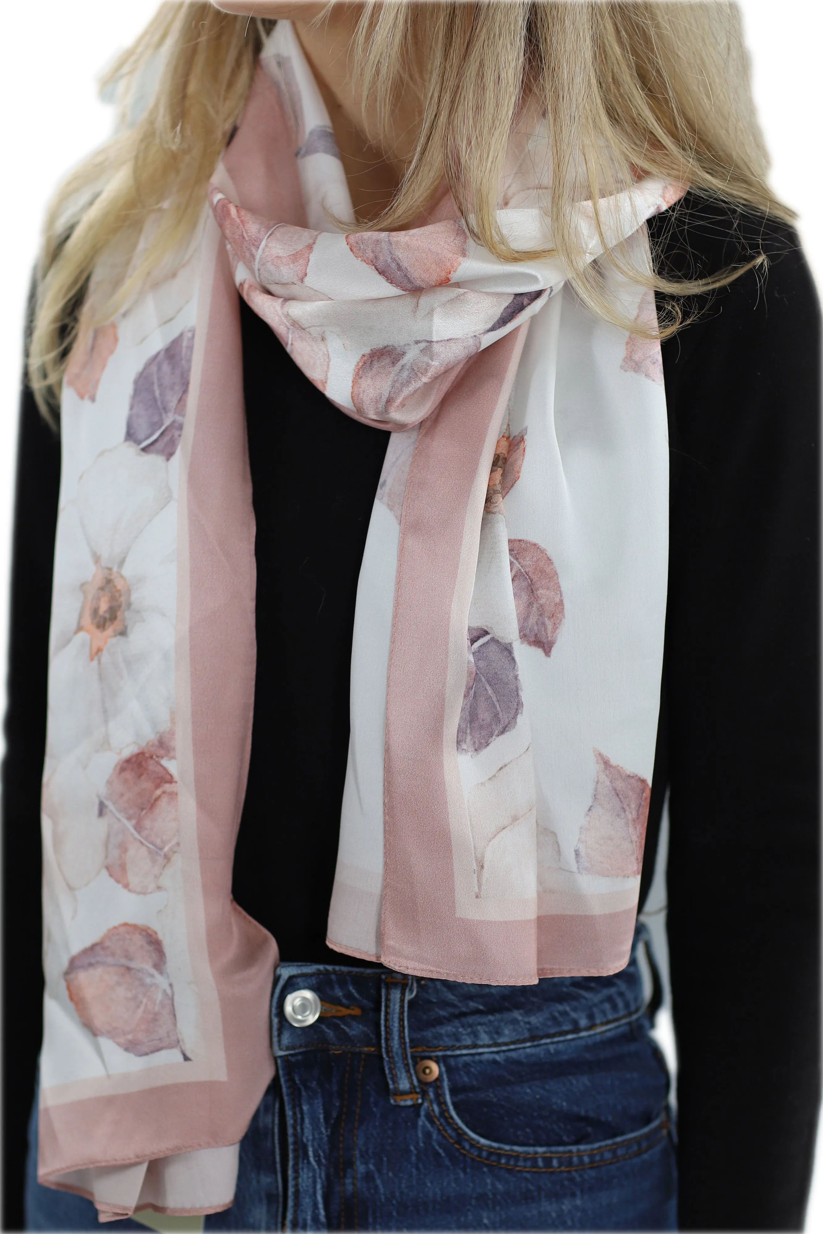 Elegant 100% Silk Floral Print Scarf - Pink - One Size (38x30in)