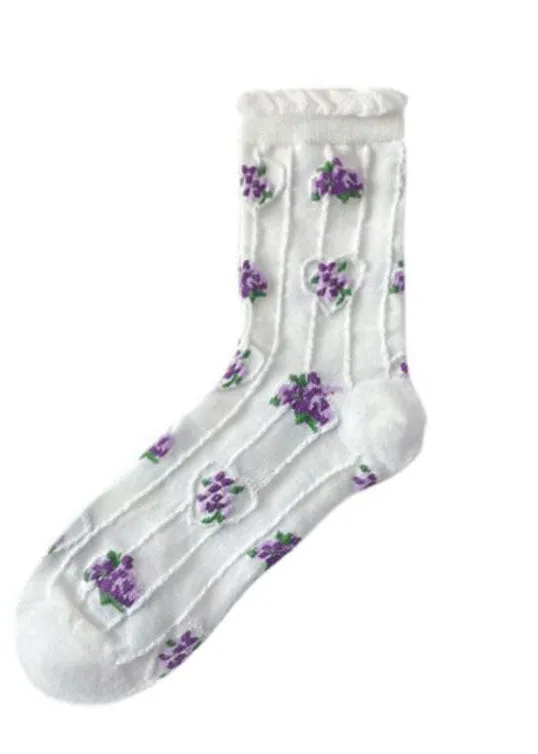 Elegant Floral Jacquard Cotton Mid Calf Socks