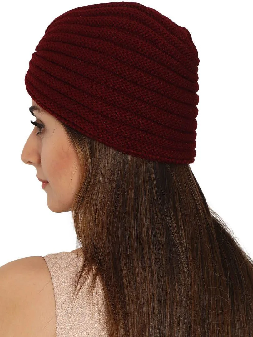 FabSeasons Maroon Acrylic Woolen Skull Cap for Women, fits like a Turban