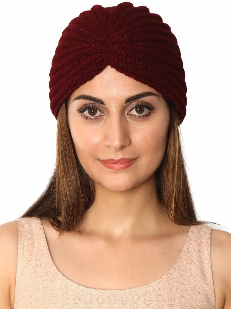 FabSeasons Maroon Acrylic Woolen Skull Cap for Women, fits like a Turban