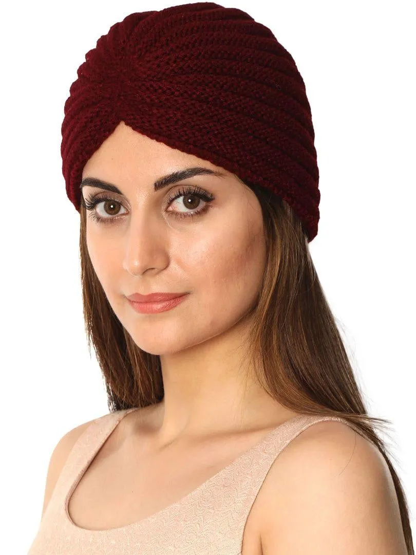 FabSeasons Maroon Acrylic Woolen Skull Cap for Women, fits like a Turban