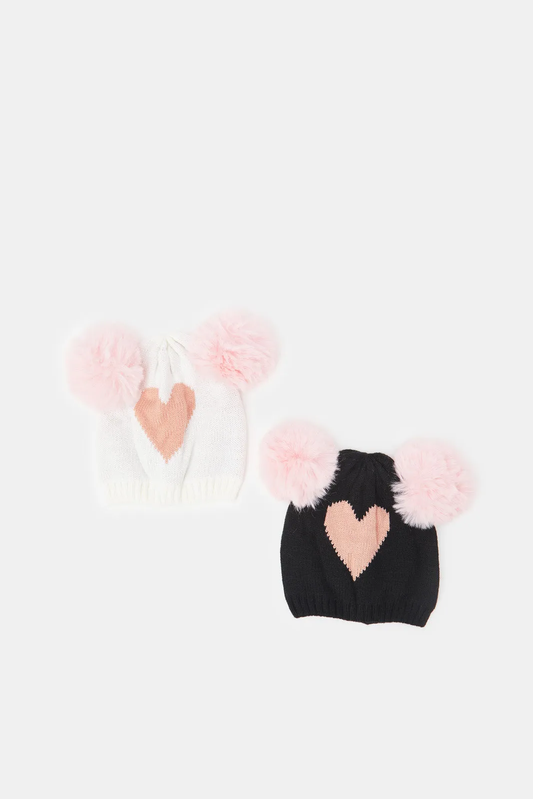 Girls White And Black Knitted Cap Set (Pack Of 2)