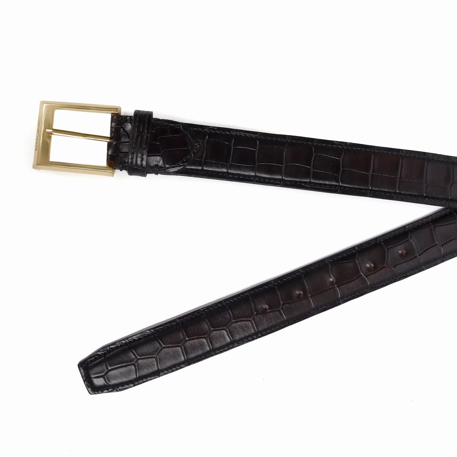 Golden Square Buckle Dark Brown Croco With Hand Painted Leather Formal Belt By Brune & Bareskin