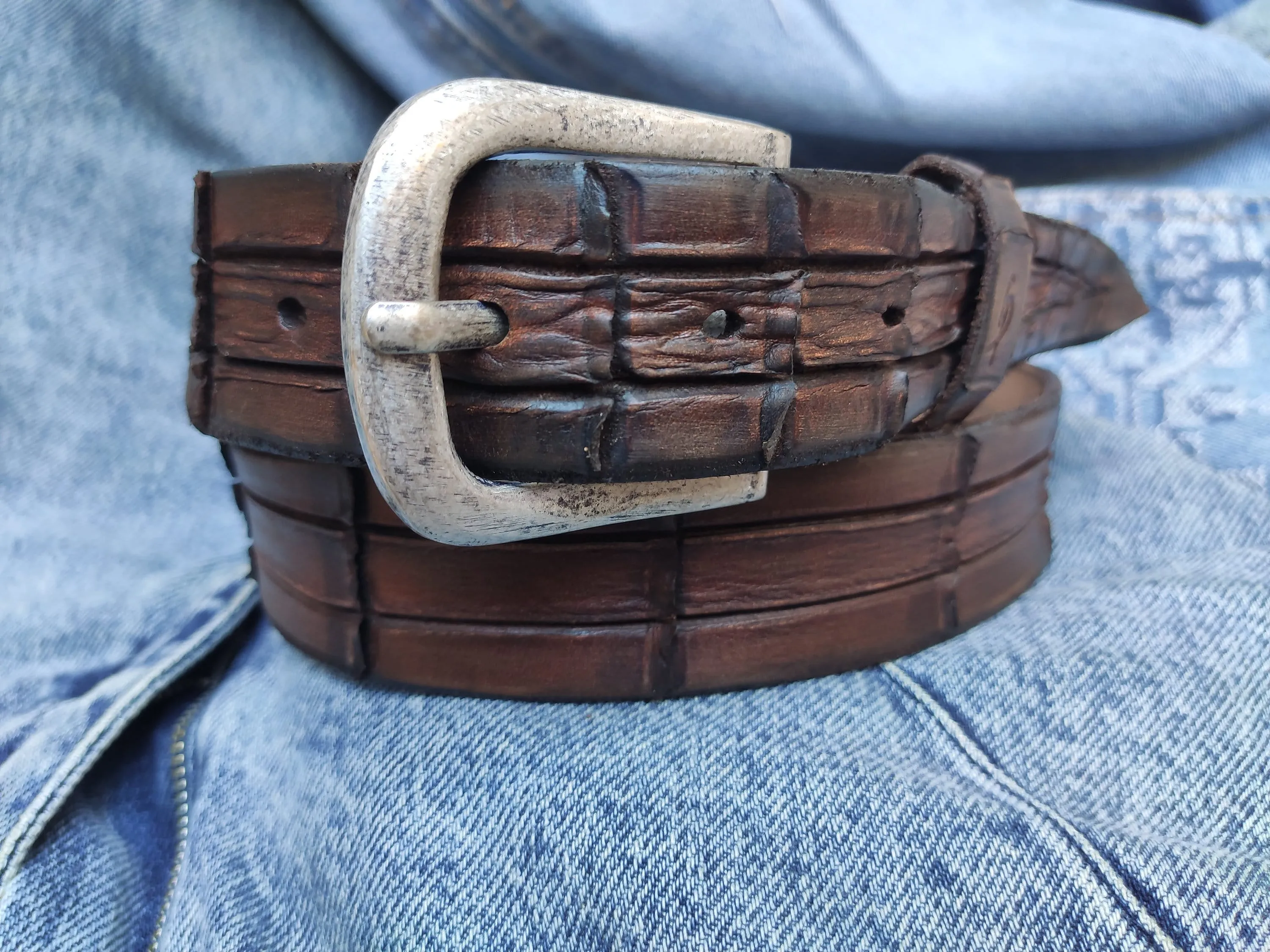 Handmade Brown Leather Crocodile Belt - Textured Design