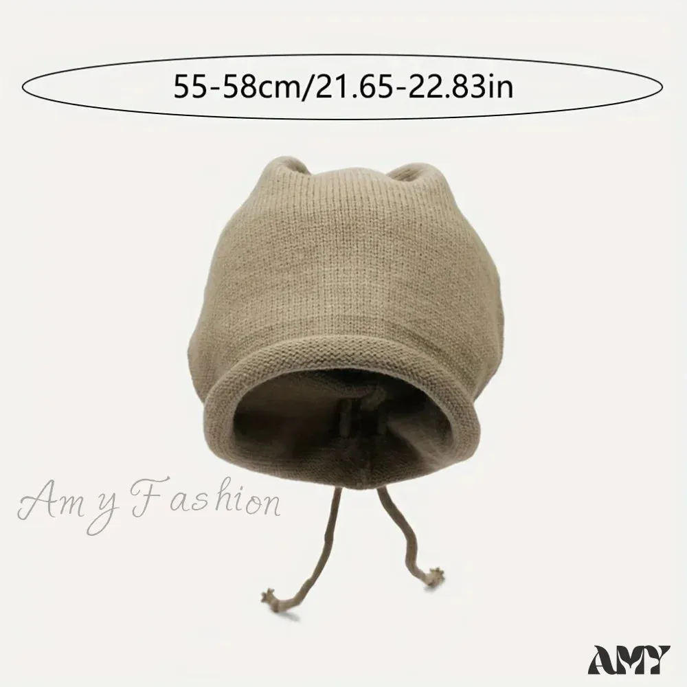 Lazy Knitted Solid Color Drawstring Pile Hat