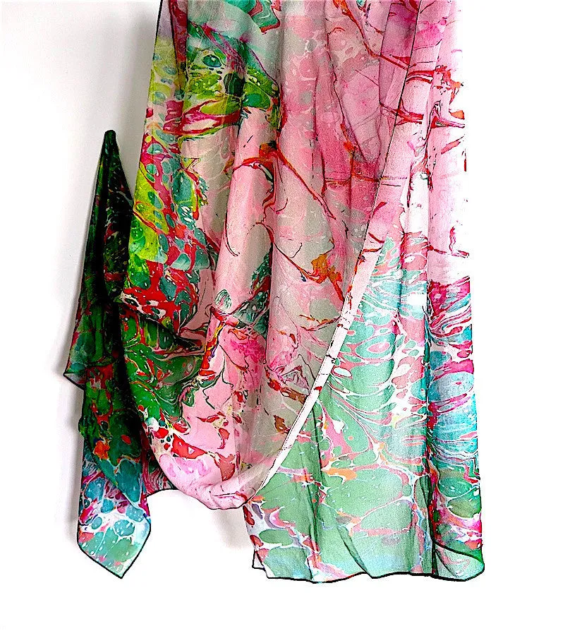 Marbleized Silk Chiffon Long Scarf Whirlpool