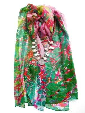 Marbleized Silk Chiffon Long Scarf Whirlpool