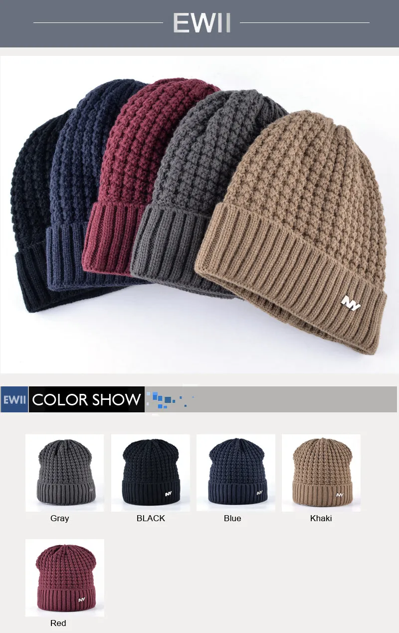 Men's Knitted Winter Beanie - Black,Red,Gray,Khaki,Blue