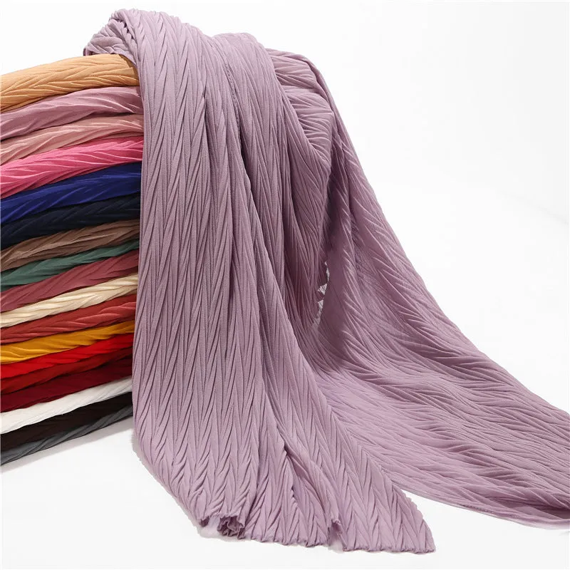 MSL072  New pearl chiffon pleated head scarf Fashion leaf wrinkled solid color scarf