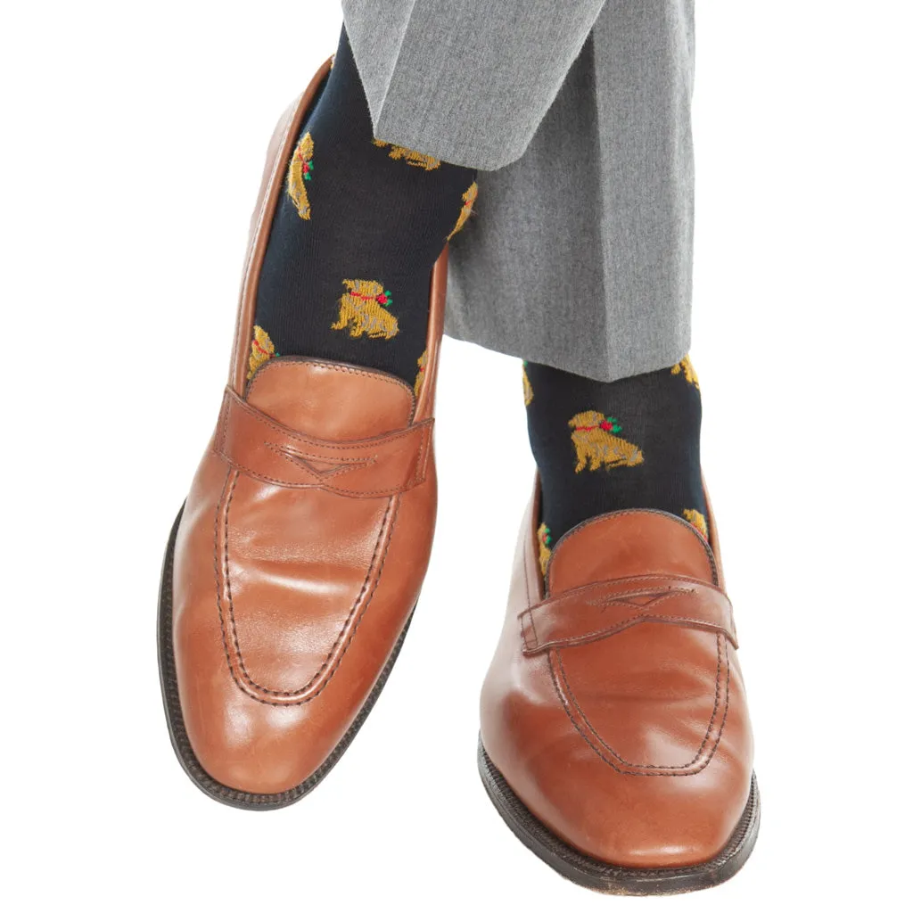 Navy with Saffron, Gray, Red and Green Holiday Dog Ribbed Cotton Sock Linked Toe Mid-Calf