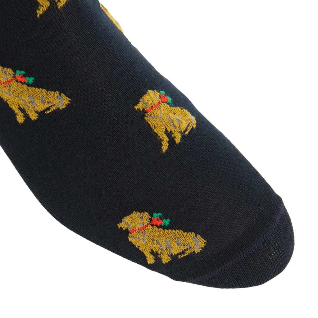 Navy with Saffron, Gray, Red and Green Holiday Dog Ribbed Cotton Sock Linked Toe Mid-Calf