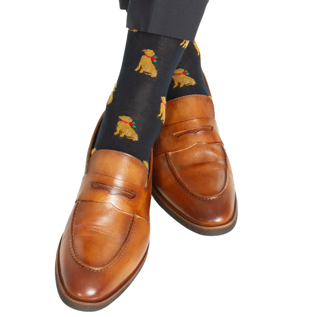 Navy with Saffron, Gray, Red and Green Holiday Dog Ribbed Cotton Sock Linked Toe Mid-Calf