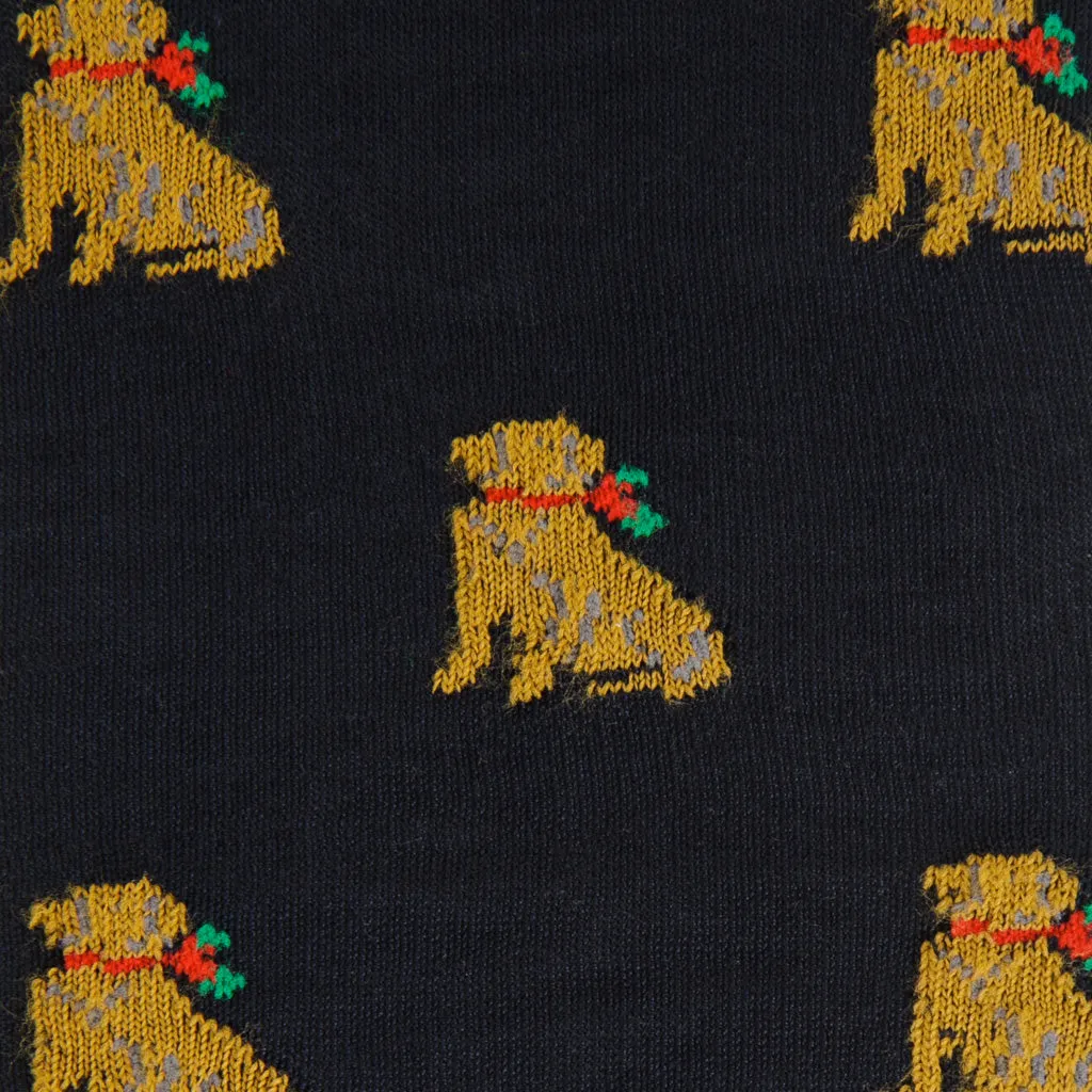 Navy with Saffron, Gray, Red and Green Holiday Dog Ribbed Cotton Sock Linked Toe Mid-Calf