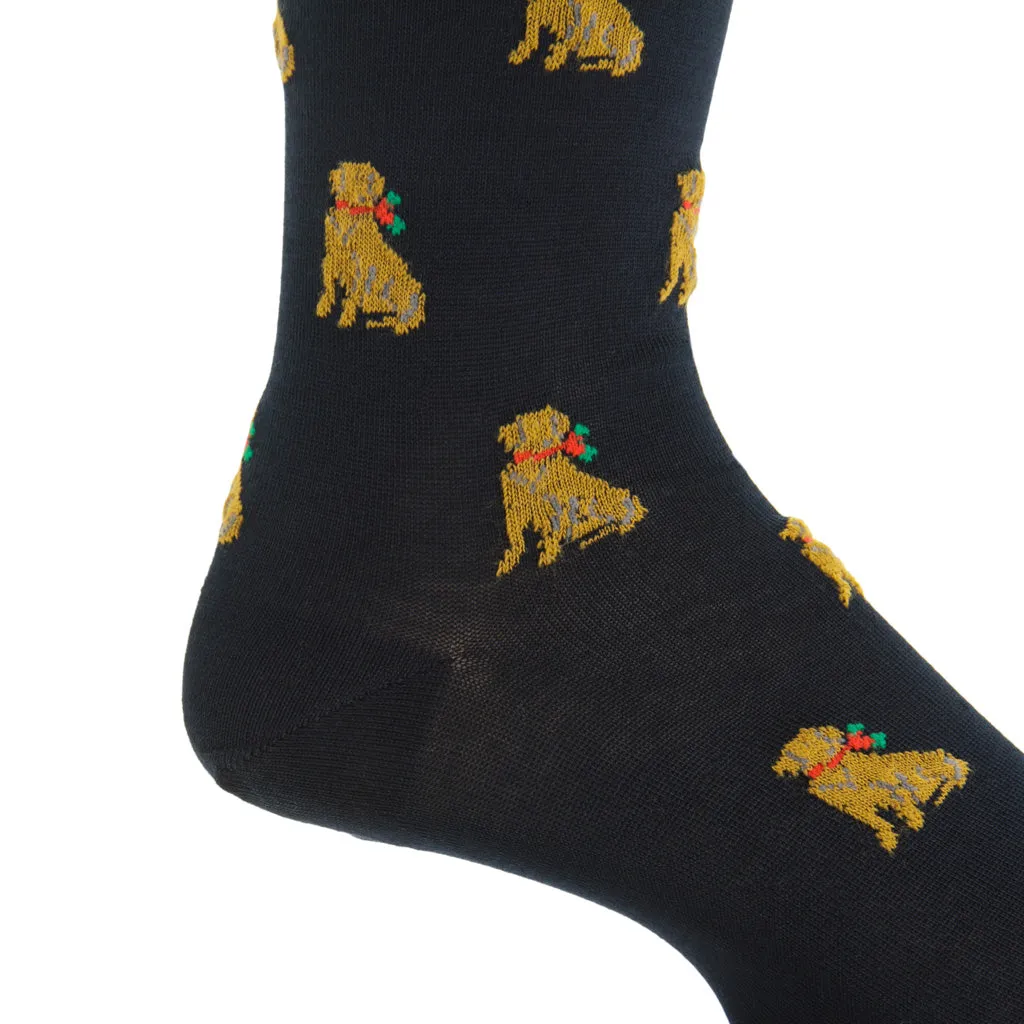 Navy with Saffron, Gray, Red and Green Holiday Dog Ribbed Cotton Sock Linked Toe Mid-Calf