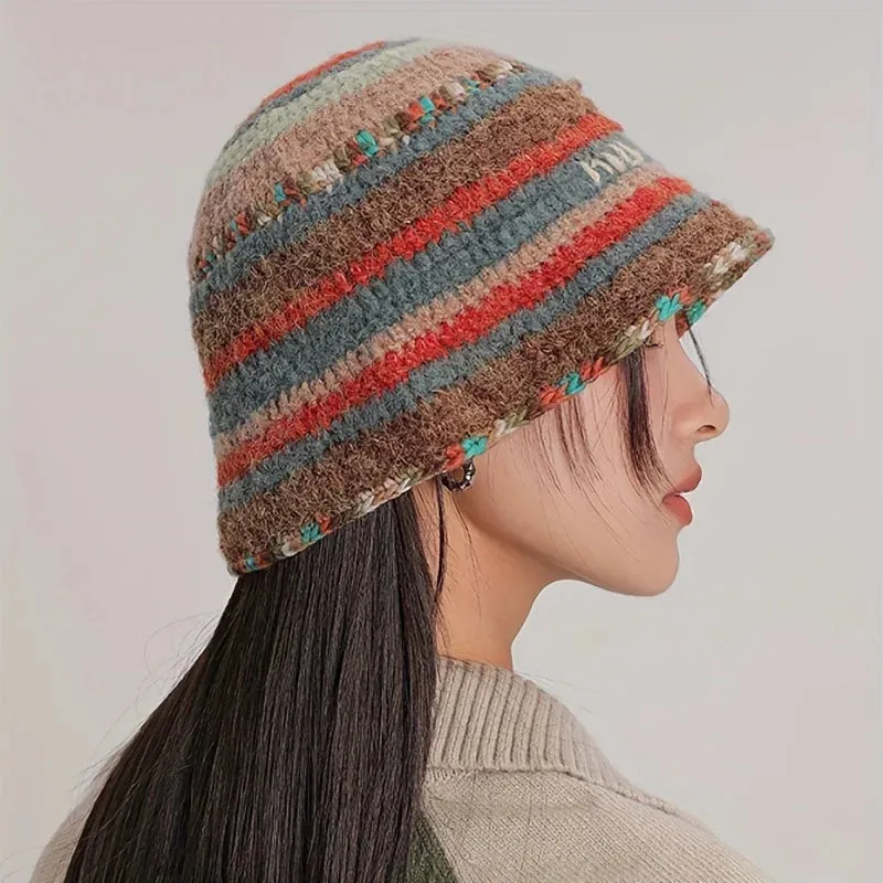 New Knitted Fisherman Autumn Winter Warm Retro Striped Basin Hat