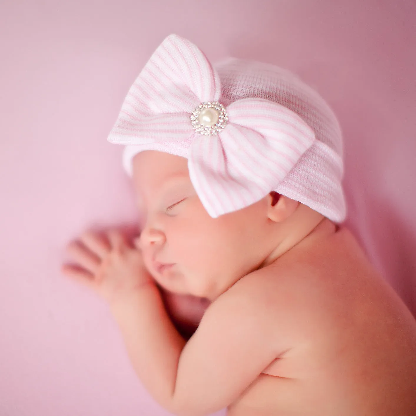 Newborn Baby Girl Hospital Nursery Beanie Hat With Vintage Pearl Pink and White Striped Big Bow Infant Hat Newborn Hat