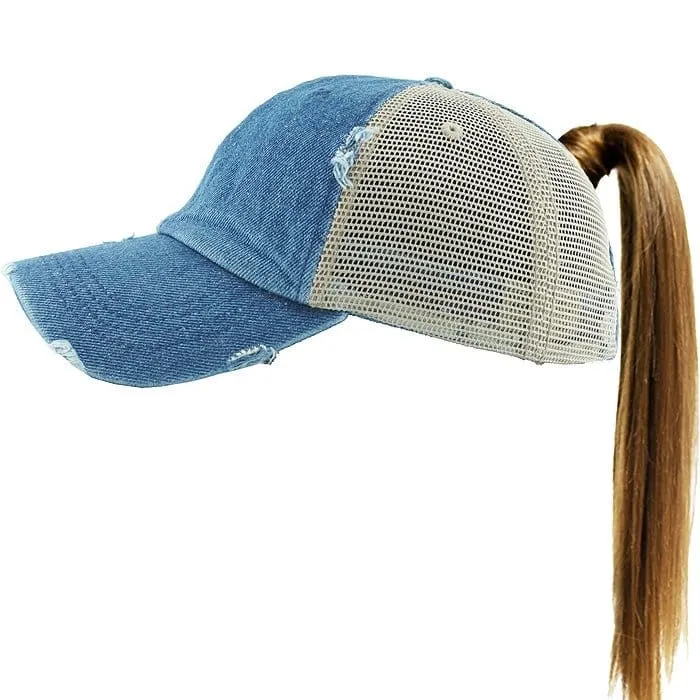 PONY002M Ponytail Distressed Mesh Cotton Cap