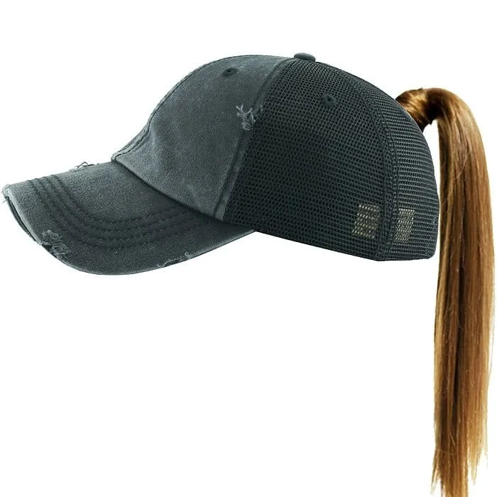 PONY002M Ponytail Distressed Mesh Cotton Cap