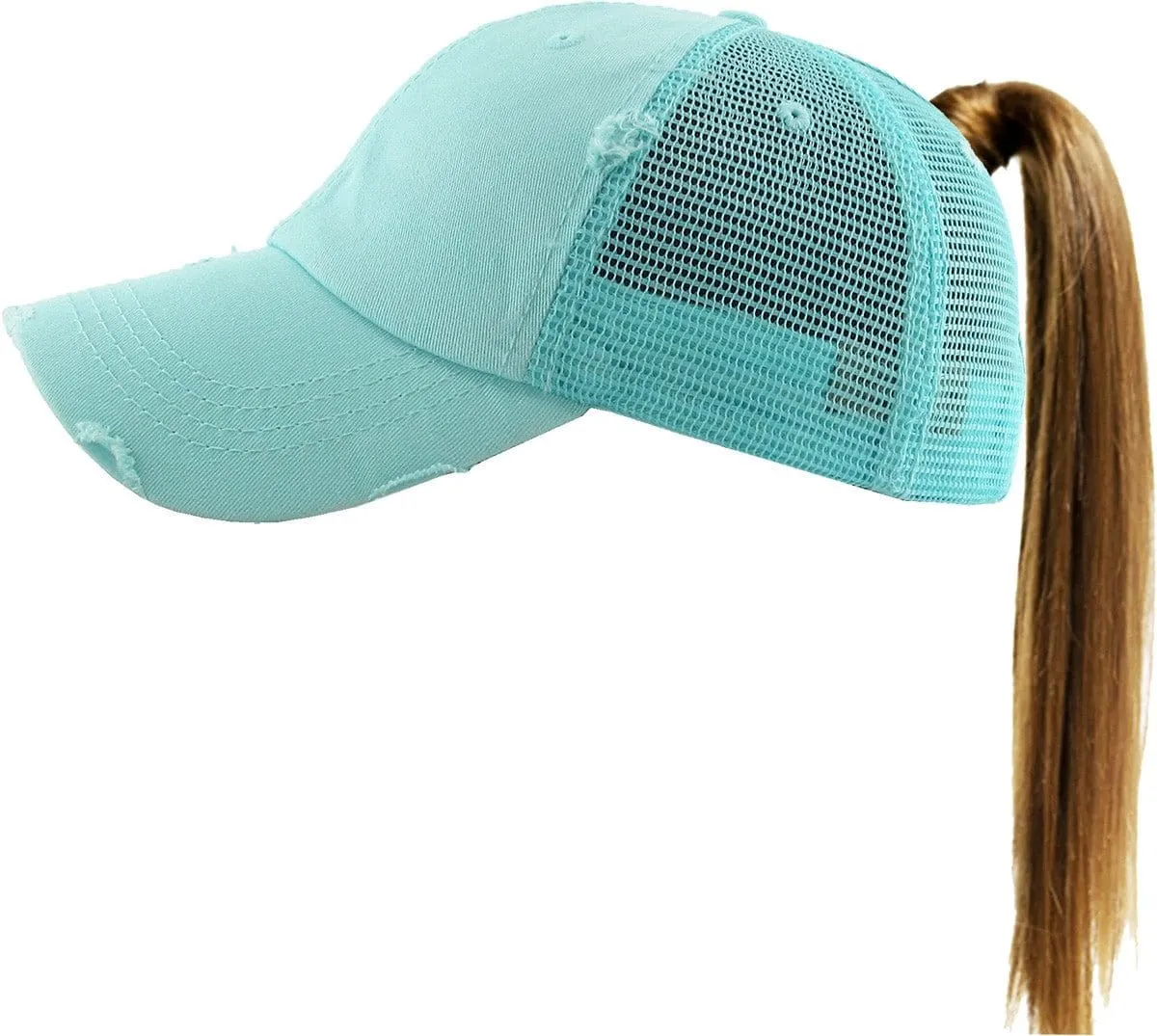 PONY002M Ponytail Distressed Mesh Cotton Cap