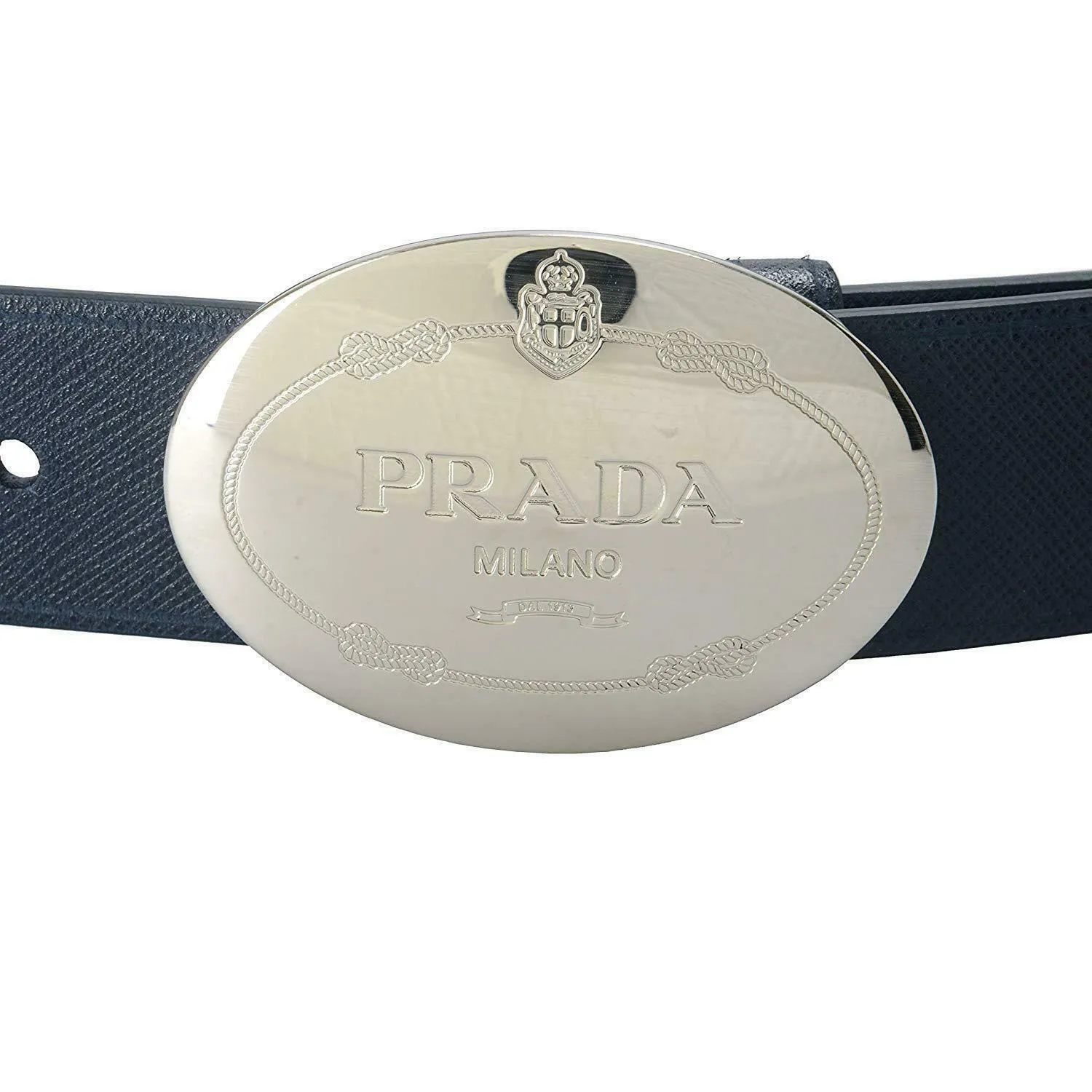 Prada Mens Navy Saffiano Leather Belt  Silver Oval Buckle Belt Size 90-36