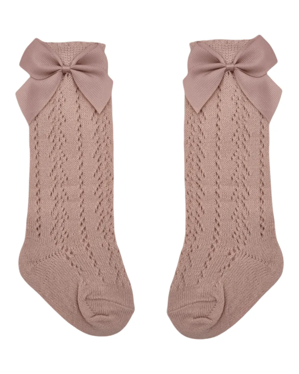 Primrose Pink Open Patterned Knee High Style Socks With 3 Inch Bow