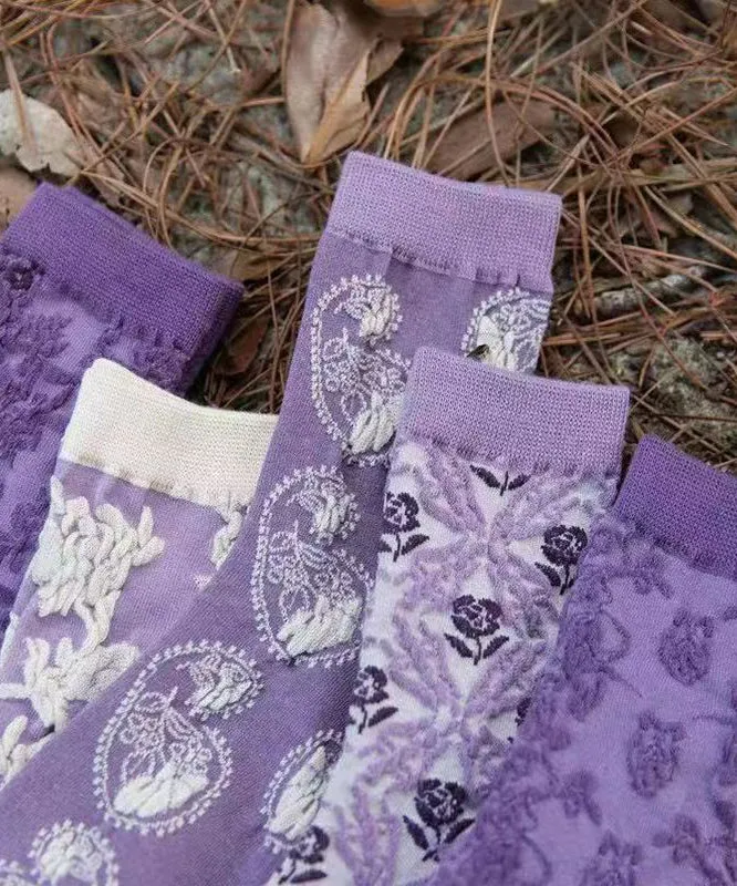 Retro Purple Jacquard Thick Cotton Mid Calf Socks