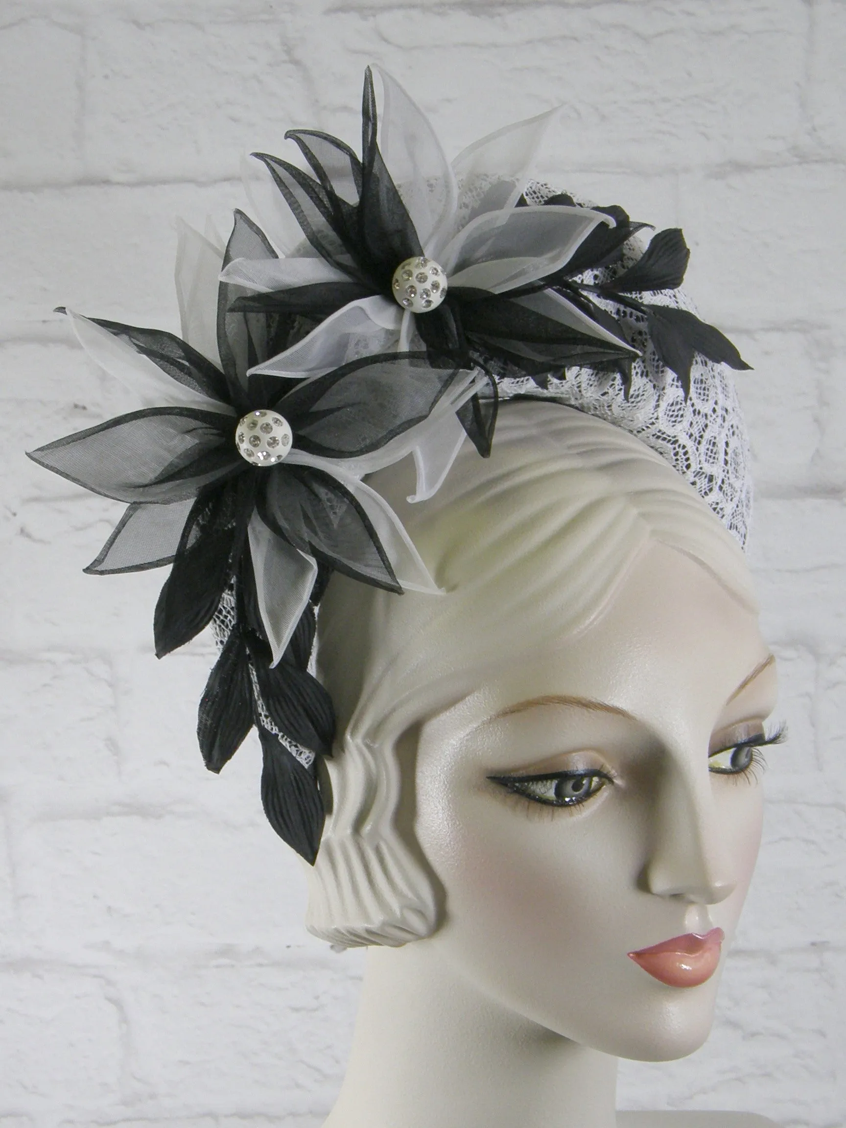 Tiara Halo Style Fascinator in Black and White with Vintage Lace