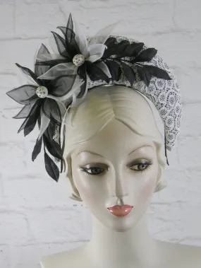 Tiara Halo Style Fascinator in Black and White with Vintage Lace