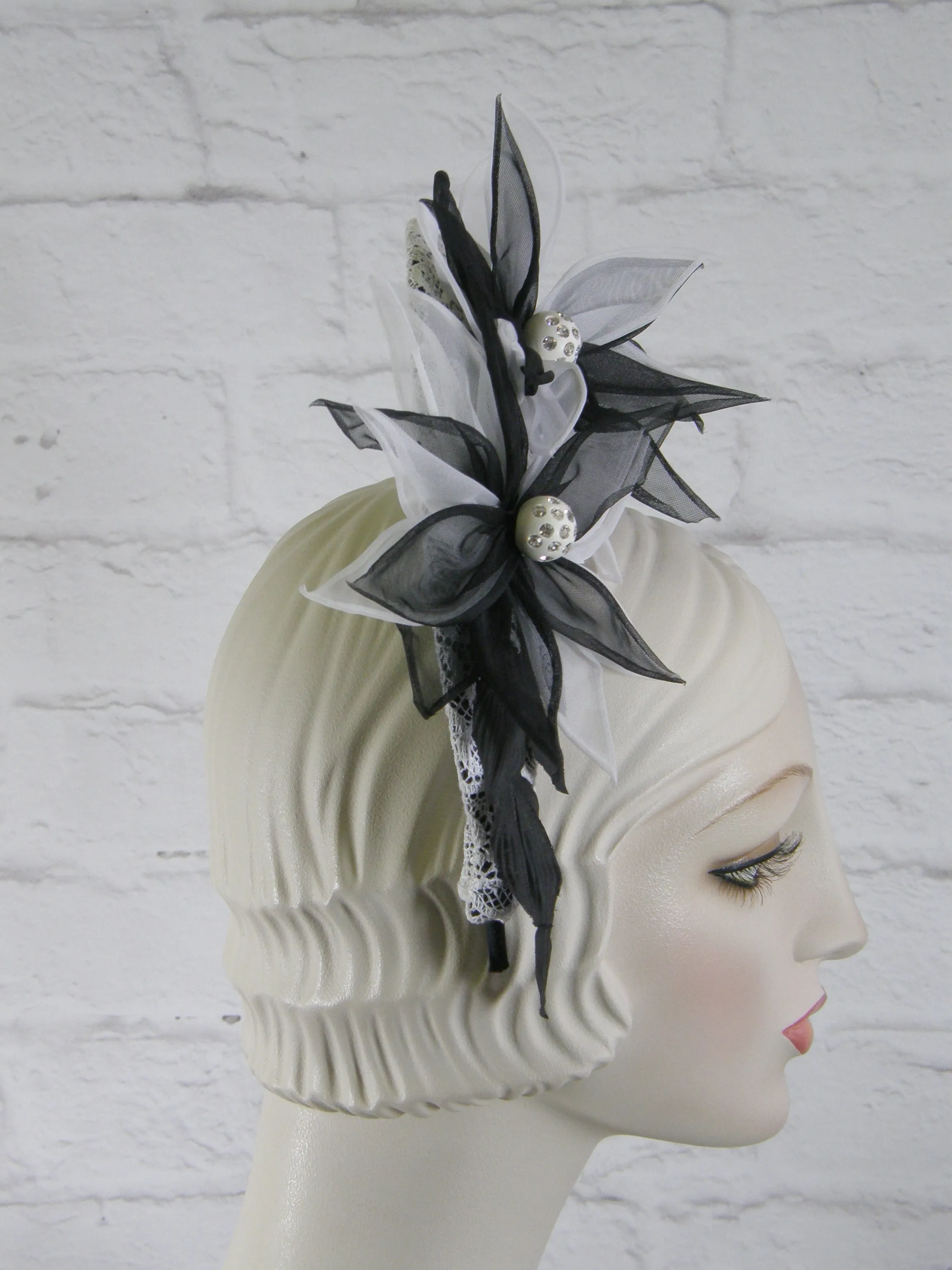 Tiara Halo Style Fascinator in Black and White with Vintage Lace