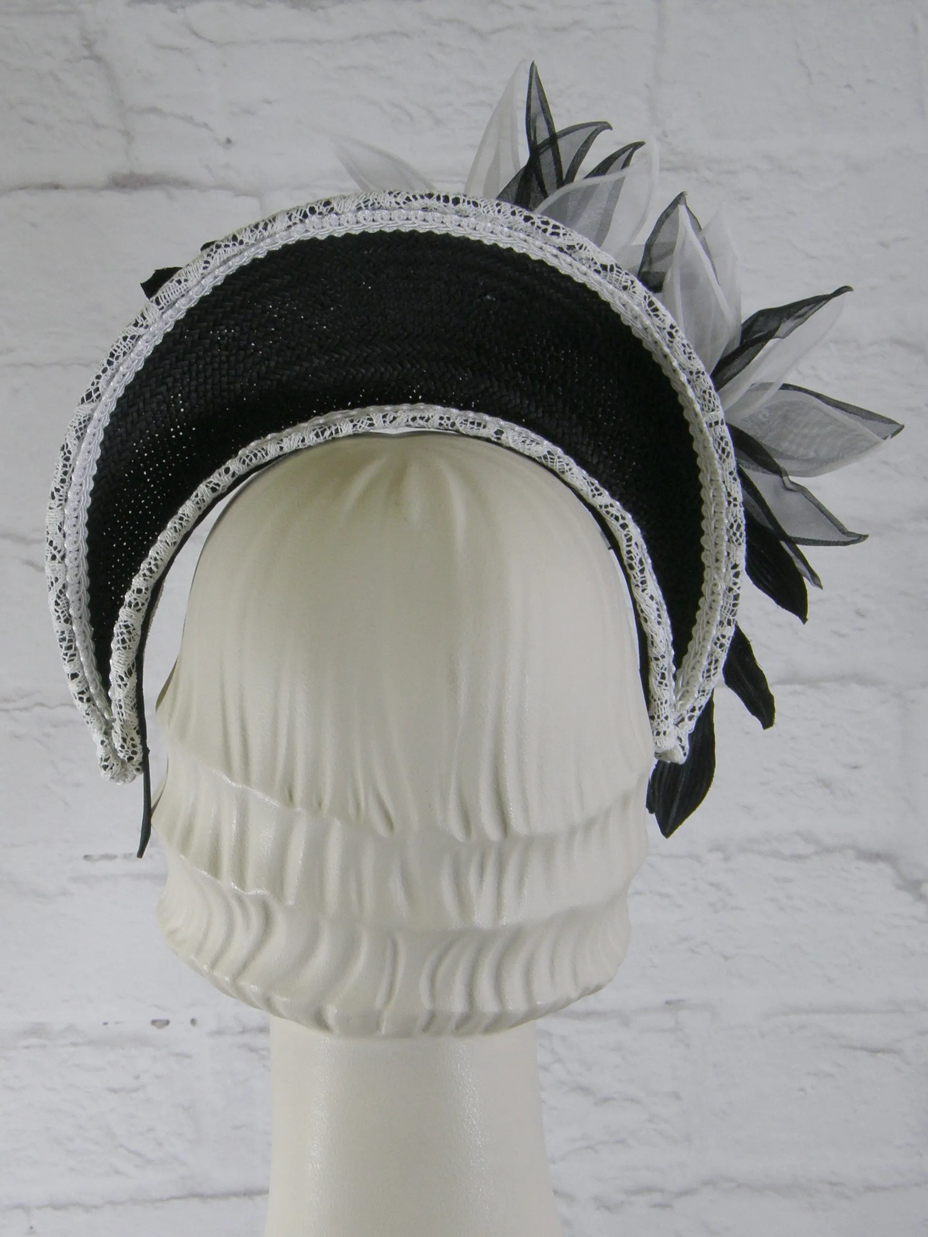 Tiara Halo Style Fascinator in Black and White with Vintage Lace