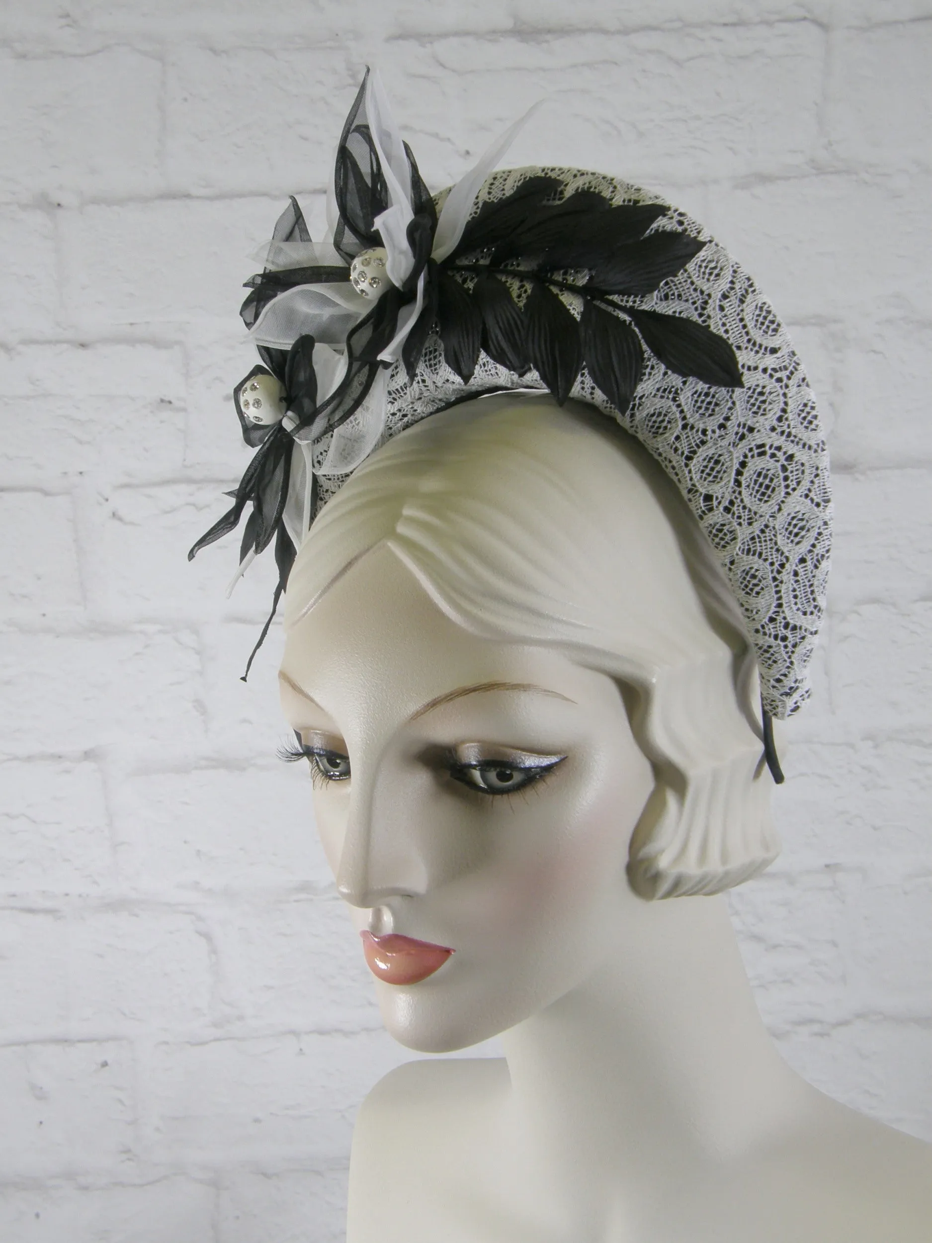 Tiara Halo Style Fascinator in Black and White with Vintage Lace