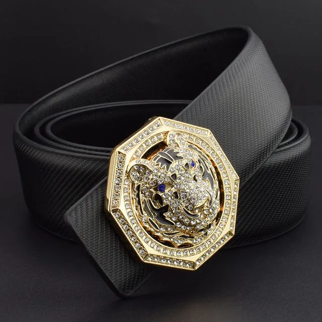 Tiger Sparkle Buckle Men Leather Waist Strap Belt