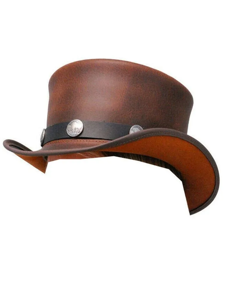 Top Hat SteamPunk Brown Leather Top Hat w/Buffalo Motorcycle Rider Biker