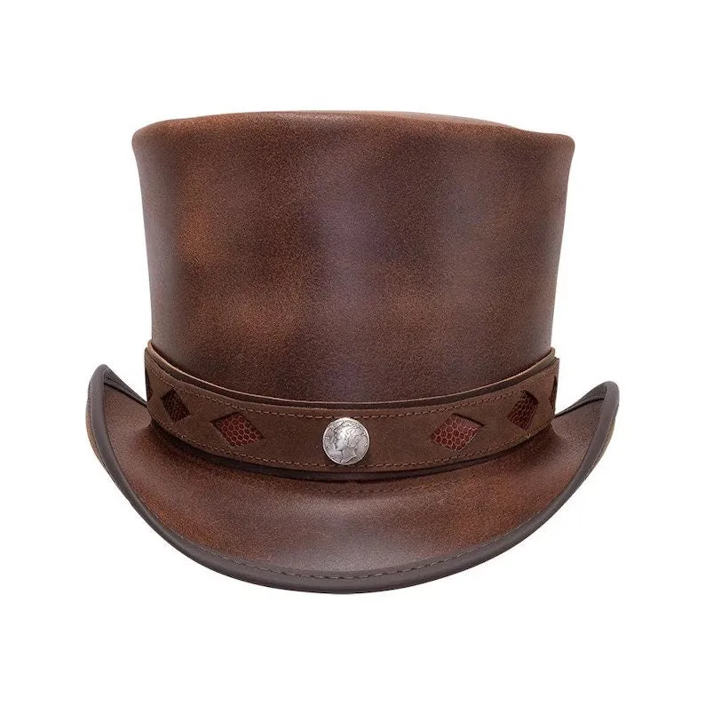 Top Hat Topper Top Diamond Inlay Brown Leather Steampunk Gothic Biker Motorcycle Rider Hat Halloween Hat Brown Top Hat