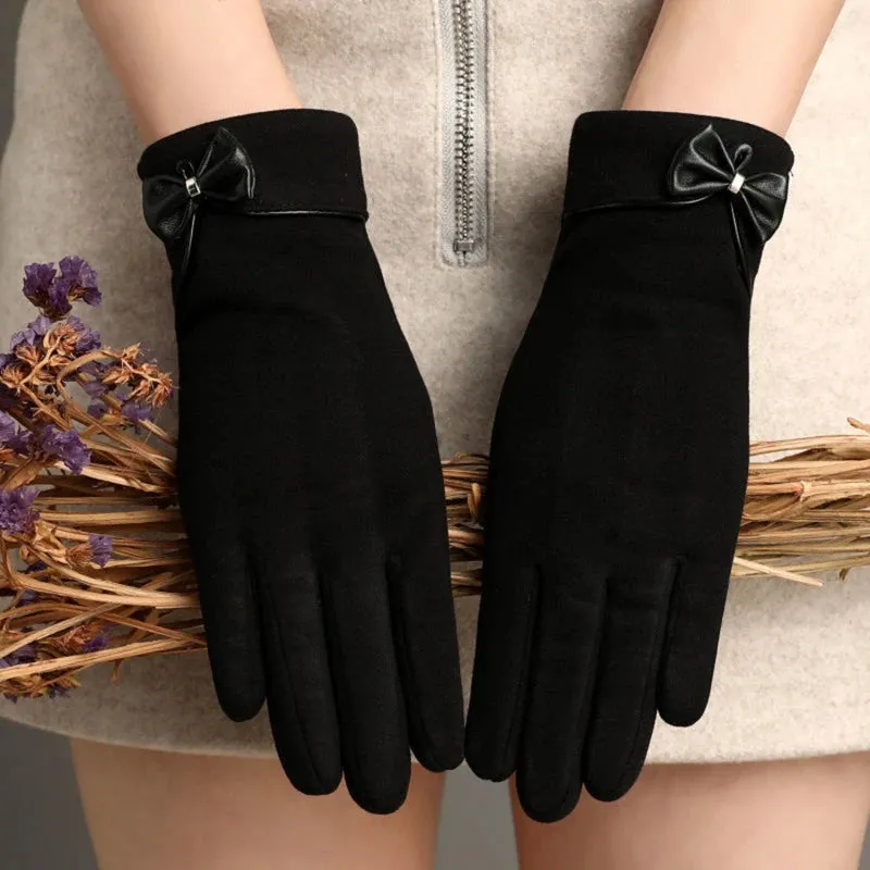 Warm Plus Velvet Thicken Windproof Cycling Cute Bowknot Elegant Elasticity Christmas Glove