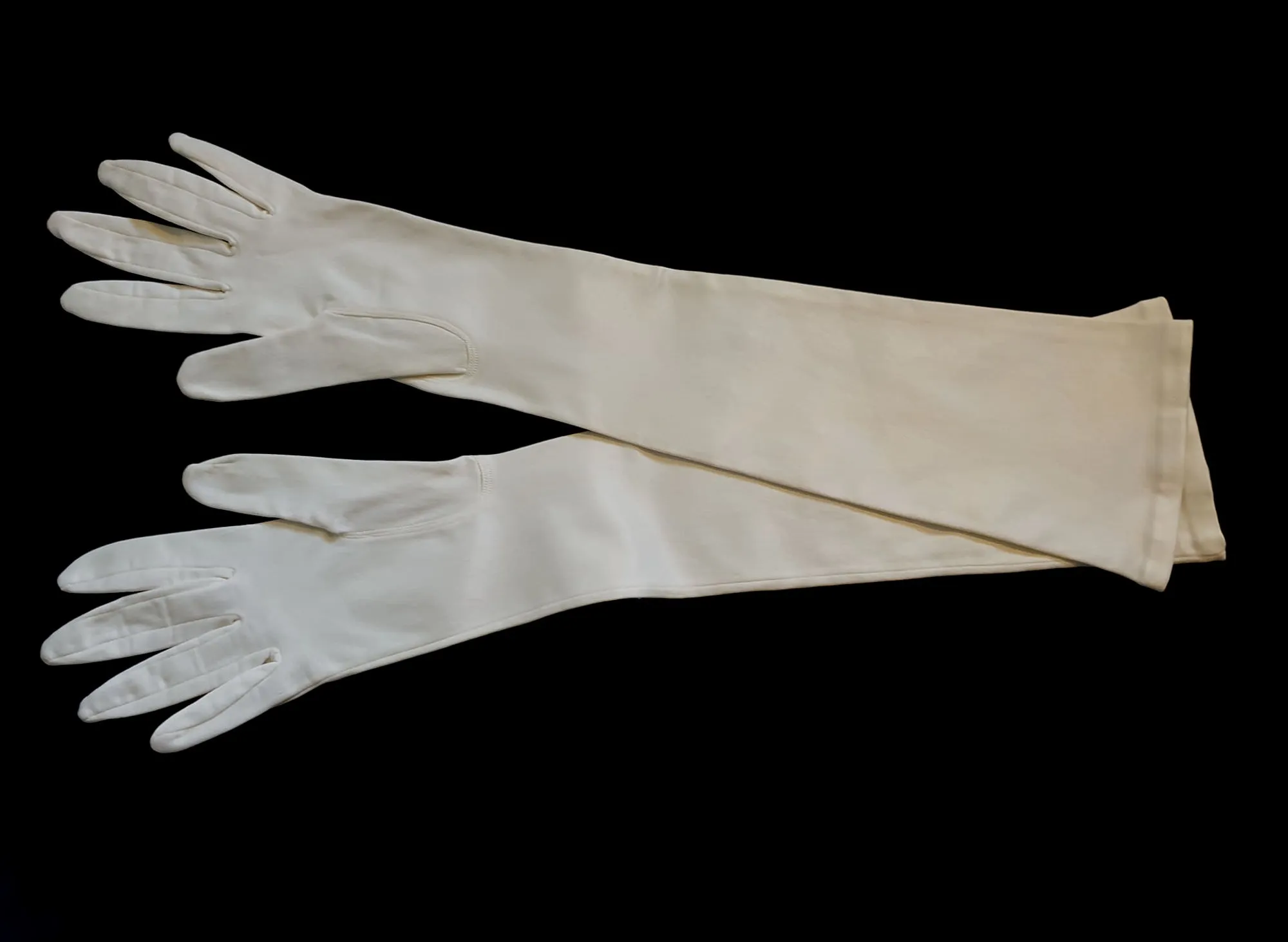 White Stretch Satin Evening Gloves - Above Elbow - Size 7 1/2