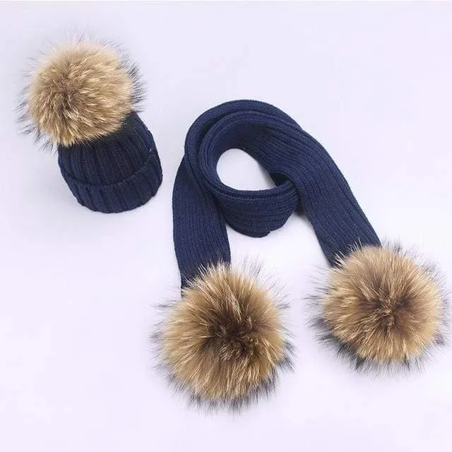 Women and Kids Winter Hat and Scarf With Real Fur Pompom