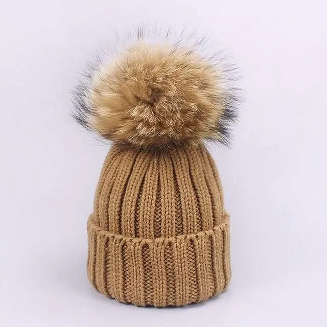 Women and Kids Winter Hat and Scarf With Real Fur Pompom