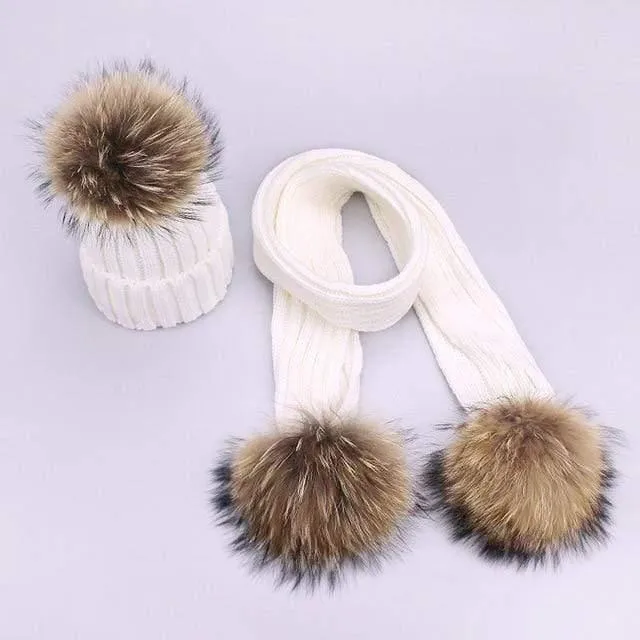 Women and Kids Winter Hat and Scarf With Real Fur Pompom